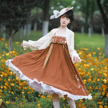 Kinų stiliaus kostiumas stovėti nėrinių ilgomis rankovėmis spausdinti lolita dress+mielas siuvinėjimas high juosmeniu be rankovių kawaii suknelė gothic lolita