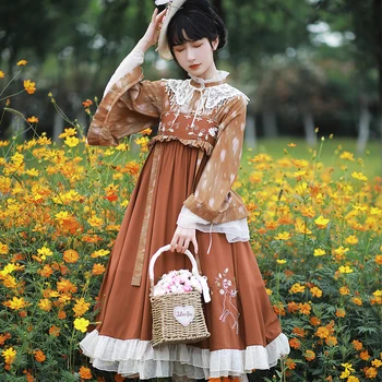 Kinų stiliaus kostiumas stovėti nėrinių ilgomis rankovėmis spausdinti lolita dress+mielas siuvinėjimas high juosmeniu be rankovių kawaii suknelė gothic lolita