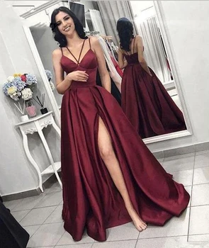 Bordo Satino Vakare Chalatai 2020 Linijos Sexy Padalinta Ilgai Prom Dresses su Kišenėmis Spagečiai Dirželiai V-kaklo vakarinę Suknelę