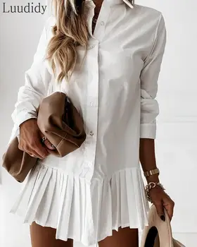 Moterų Ilgas Rankovėmis Balti Plisuotos Marškinėliai Suknelė Elegantiškas Mados Ruffles Hem Mini Suknelė