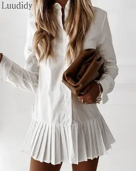 Moterų Ilgas Rankovėmis Balti Plisuotos Marškinėliai Suknelė Elegantiškas Mados Ruffles Hem Mini Suknelė