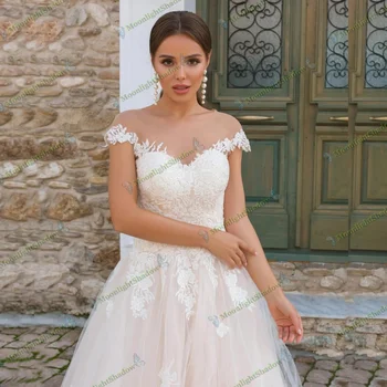 2021 O Kaklas Elegantiškas Iliuzija Vestuvių Suknelės Linijos, Rankovių Balta Appliques Vestidos De Fiesta Ilgalaikės Formalios Vestuvių Suknelė