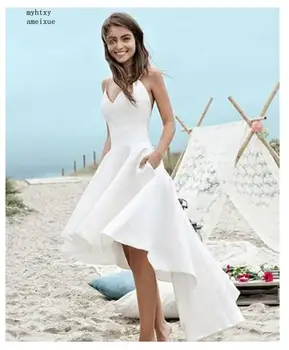 Spageti Dirželis Paplūdimio Pigūs Vestuvinės Suknelės 2020 Vestido Noiva Praia Aukštas Žemas White Satin Casamento Vestuvinės Suknelės Pagal Užsakymą