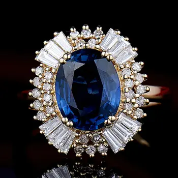Naujas Ovalo formos 8x10mm 14 KARATŲ Geltonasis Auksas Diamond Gamtos Safyras Žiedai Baguette Deimantų Vestuvinis Žiedas Moterims Šalis, Dovana, Papuošalai
