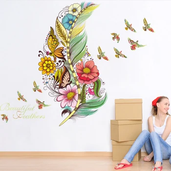 Creative 3D Vivid Plunksnų Drugelis Paukščių, Gėlių Sienų Lipdukai Namų Puošybai Vaikų Kambario Dekoravimo Menas, Sienų Lipdukai 1Pcs