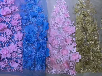 3D gėlės, rožinė Siuvinėjimų dizaino prancūzų nėriniai balta afrikos tiulio nėrinių prancūzijos nėrinių audinys, aukštos kokybės naujas dizainas