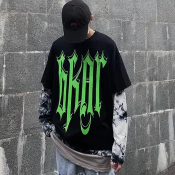 2020 m. pavasarį Naują netikrą Dviejų dalių ilgomis rankovėmis T-shirt vyrai laisvi hip-hop Gotikos abėcėlė įgulos kaklo megztinis viršuje Berniukai Tees