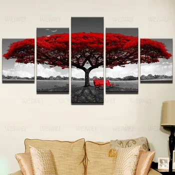 Šiuolaikinės Drobės Rėmo Nuotraukas HD Spaudinių 5 vnt Raudonas Medis Raudona Stendo Kraštovaizdžio Kambarį Namų Dekoro Sienos Meno Tapybos Plakatas