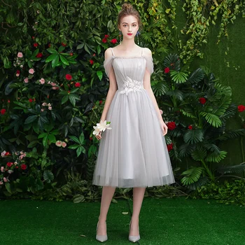 Elegantiškas Pilkos Tiulio Nėrinių Bridesmaid Suknelę 2019 Trumpas Oficialus Vestuves Homecoming Prom Dresses Ilgas chalatas de soiree