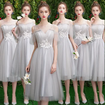 Elegantiškas Pilkos Tiulio Nėrinių Bridesmaid Suknelę 2019 Trumpas Oficialus Vestuves Homecoming Prom Dresses Ilgas chalatas de soiree