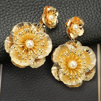 Didelis Pareiškimą Aukso Elegantiškas Gėlių Lašas Auskarai Moterims Nuotakos Vestuvių Perlai Brincos Gėlių Auskarai Papuošalai