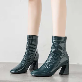 Naujas Mados Aukštos Kokybės Batai Moteriška Parduoti Kvadratinių Kojų Elegantiškas Keistą Stilių Zip Iki Plisuotos Kietas Pavasario Kulkšnies Moterų Batai