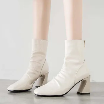 Naujas Mados Aukštos Kokybės Batai Moteriška Parduoti Kvadratinių Kojų Elegantiškas Keistą Stilių Zip Iki Plisuotos Kietas Pavasario Kulkšnies Moterų Batai
