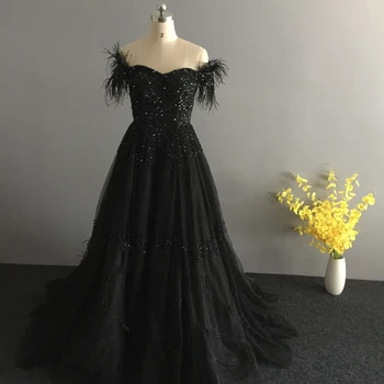 Naujas Atvykimo-Line Black Musulmonų vakarinę suknelę 2021 Plunksnų Duobute Oficialų suknelė Šalies vakare chalatai Abendkleider ilga suknelė