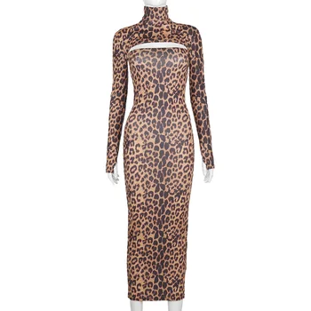 BKLD Moterų Drabužiai 2020 M. Rudens Ir Žiemos Naujas ilgomis Rankovėmis Golfo Pasėlių Viršuje Stebėjimo Leopard Print Suknelė Dviejų dalių Rinkiniai