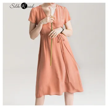 Silviye prancūzijos slim burbulas rankovės šilko suknelė moterų mulberry šilko įvyniojimas rankovės-line suknelė 