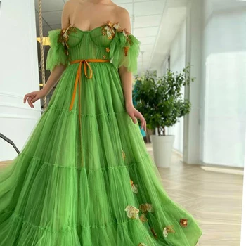 Sodo Žalia Tiulio Gėlių Prom Dresses 2021-line Ilgai Gana 3D Gėlių Prom Chalatai nuo Peties Oficialų Šalis Suknelė