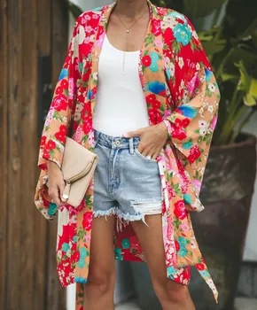 Rudenį, Vasarą Moterys Kimono Ilgas Cardigan Blyksnius Rankovėmis Spausdinti Ploni Marškinėliai Ilgomis Rankovėmis Bohemijos Gėlių Atsitiktinis Palaidų Ilgas Palaidinė