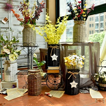 1Pcs Idiliškas grindų rankų džiovinti gluosnio gėlių kibirą retro kūrybos gėlių parduotuvė gėlių dekoracija modelis kambarys vaza apdaila