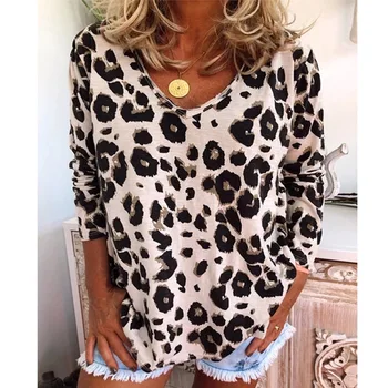 Plus Size T-Shirt Mada Moterims Seksualus V-Kaklo Atsitiktinis Megztinis Leopardas Spausdinti Ilgomis Rankovėmis Laisvi Marškinėliai Moterims Topai TeeAutumn