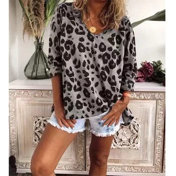 Plus Size T-Shirt Mada Moterims Seksualus V-Kaklo Atsitiktinis Megztinis Leopardas Spausdinti Ilgomis Rankovėmis Laisvi Marškinėliai Moterims Topai TeeAutumn