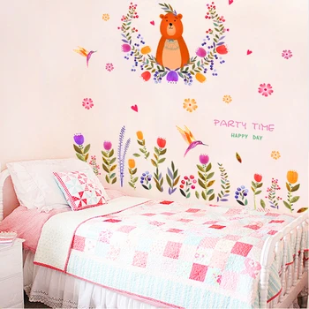 Spalvinga gėlių, paukščių lokys sienų lipdukai vaikams, kambariuose TV foną dekoro animacinių filmų gyvūnų sienos lipdukai 
