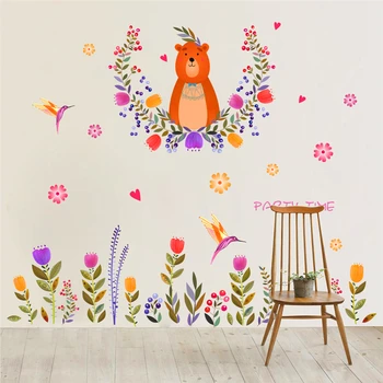 Spalvinga gėlių, paukščių lokys sienų lipdukai vaikams, kambariuose TV foną dekoro animacinių filmų gyvūnų sienos lipdukai 