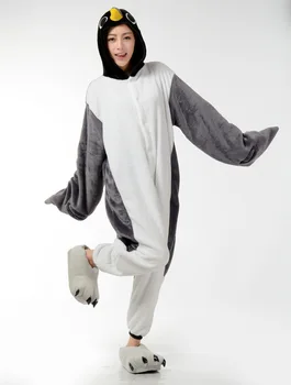 Kigurumi Suaugusiųjų Unsex Vyrų Ir Moterų, Pilka Penguin Onesie Sleepwear Žiemą Šiltas Gobtuvu Pajama Nustatyti Cosplay Pižama Drabužiai