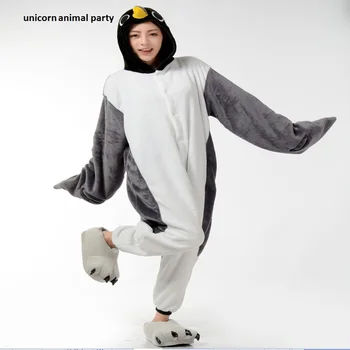 Kigurumi Suaugusiųjų Unsex Vyrų Ir Moterų, Pilka Penguin Onesie Sleepwear Žiemą Šiltas Gobtuvu Pajama Nustatyti Cosplay Pižama Drabužiai