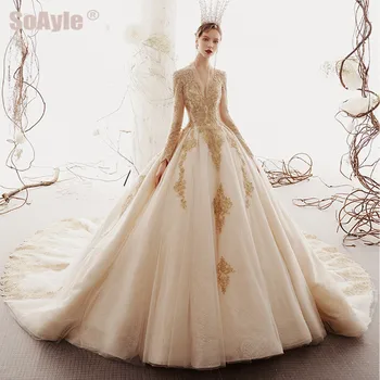 SoAyle Vestido de Noiva Hepburn Prabangus Šampanas Vestuvių suknelė su V-kaklo, ilgomis rankovėmis Puošnios Vestuvinės suknelės Nėriniai Aplikacijos Suknelė