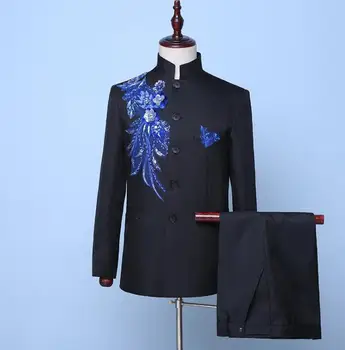 Švarkas vyrams Kinijos tunika kostiumas rinkinys su pants mens vestuvių kostiumai dainininkas star stilių etape Lipni gėlių Stovėti apykaklės oficialų suknelė