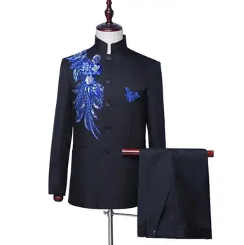 Švarkas vyrams Kinijos tunika kostiumas rinkinys su pants mens vestuvių kostiumai dainininkas star stilių etape Lipni gėlių Stovėti apykaklės oficialų suknelė