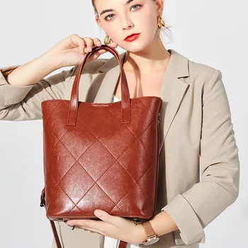 2019 žiemos naujas Europos retro naftos vaškas odos diamond languotas krepšys moters pečių maišą didelės talpos kibirą, maišą