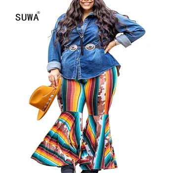 SUWA XL-5XLNewon Vaivorykštė Vertikaliai Dryžuotas Spausdinti Bell-dugnas Mados Derliaus Streetwear Moterų Slim Boot-cut Kelnės Kelnės