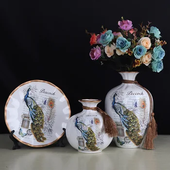 Povas Retro Keramikos Vaza 3PCS Europos Stiliaus Gyvenamasis Kambarys Veranda Vyno Kabineto Dekoravimas Ornamentais Šiuolaikinės Kūrybos Gėlių Vaza