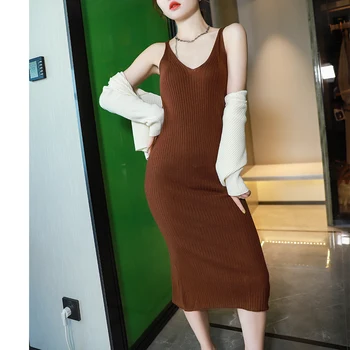 Super minkštas vilnos megzti V-kaklo suknelė su didelių sąnaudų efektyvumo ruožas padalinta dizaino pilkos spalvos kavos spalva