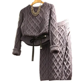 Moterys nustatyti du gabalus megzti nustatyti, rudenį, žiemą pullover sweater+megztas sijonas nustatyti megztinis atsitiktinis mados derliaus mezgimo apranga