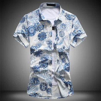 Mėlyna Gėlių Raštas Streetwear Pубашка Trumpas Rankovės Marškinėliai Vyrams Vasaros Nauji Aukštos Kokybės Mados Prabangių Slim Camisa Masculina M-7XL