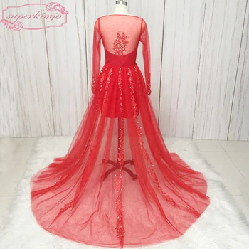 Raudona vakaro suknelės chalatai aukštos priekio ir nugaros, nėriniai appliques duobute kristalų klostes nuimamas traukinio raudona prom dresses nekilnojamojo