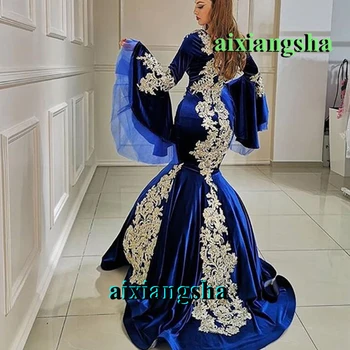 Royal Blue Mermiad Maroko Kaftan Vakaro Suknelės Aksomo V Kaklo Appliques Prom Alžyro Costum Įžymybė Chalatas De Soiree Vestuvių