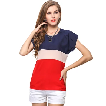 Mados spalvų kratinys šifono marškinėliai moterims vasaros blusas ponios trumpas rankovės O-kaklo palaidinės, S-XXXL vien blusas nemokamas pristatymas
