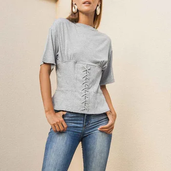 2020 metų vasaros naują nišą mados dizaino striukė temperamentas raišteliu juosmens lieknėjimo trumparankoviai marškinėliai moterims tendencija