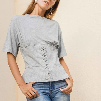 2020 metų vasaros naują nišą mados dizaino striukė temperamentas raišteliu juosmens lieknėjimo trumparankoviai marškinėliai moterims tendencija