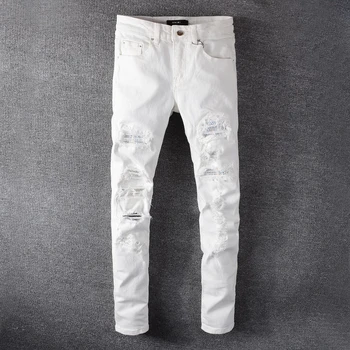 Crystal white Vyrų skylių kankina džinsai Mados plonas liesas kalnų krištolas ruožas džinsinio audinio kelnės
