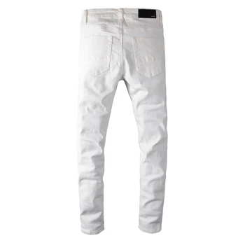Crystal white Vyrų skylių kankina džinsai Mados plonas liesas kalnų krištolas ruožas džinsinio audinio kelnės