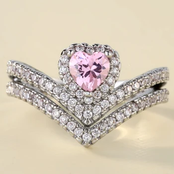 Sidabro spalvos žiedas moterims vestuvių juostoje jewerlly rožinė širdis CZ akmens vestuvinis žiedas ir vestuvių jubiliejų dovana