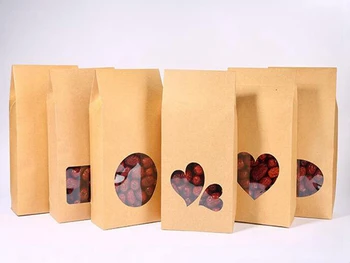 500 vnt/naujos partijos 16*8cm sausainių & riešutų dovanų maišeliai vertikaliai kraft popieriaus langelį, širdies formos skaidrus langas krepšys