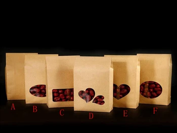 500 vnt/naujos partijos 16*8cm sausainių & riešutų dovanų maišeliai vertikaliai kraft popieriaus langelį, širdies formos skaidrus langas krepšys