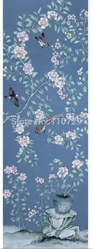 Individualų sienos popieriaus Rankomis dažyti šilko tapetų dažymas Vyšnių su paukščių rankomis dažyti wallcovering daug nuotraukų pasirinktinis