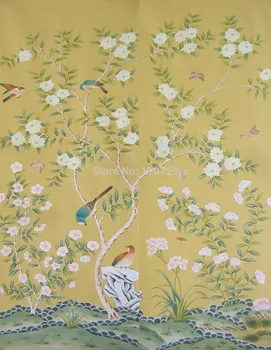 Individualų sienos popieriaus Rankomis dažyti šilko tapetų dažymas Vyšnių su paukščių rankomis dažyti wallcovering daug nuotraukų pasirinktinis